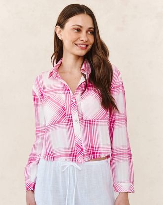 Bella Dahl Two Pocket Fray Hem Top Shirt In Pink Sunset