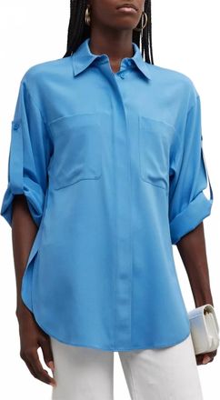Lafayette 148 New York Tab Sleeve Patch Pocket Silk Shirt In Sonic Blue