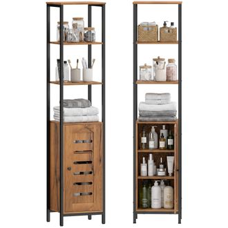 OEM Columna De Ba&ntilde;o Estrecha Con Puerta De Lamas Estantes Ajustables Compartimentos Abiertos 37x30x167 Cm Marr&oacute;n R&uacute;stico