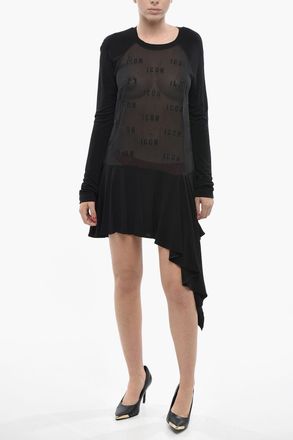 Dsquared2 ICON Semi-Sheer Long-Sleeve Dress with Asymmetric Hem and Rhinestone Details Dsquared2