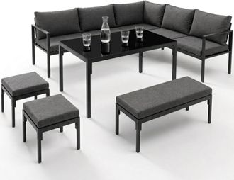 IDMarket Set Da Giardino Per Pranzi Nayla Da 8 Posti, Angolare, In Metallo Con Cuscini Grigi, Composto Da Tavolo Da Pranzo, Divano Angola
