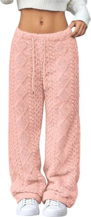 Generic Ladies Trousers Jacquard Solid Elastic Waist Casual Pants Straight Leg Drawstring Jogging Bottoms Fleece Thickened Thermal Tracksuit Bottoms Autumn Wi