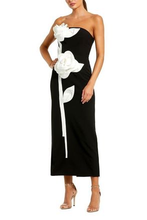 Mac Duggal Womens Strapless Crepe Ankle Dress With 3D Satin Flowers in Black Ivory at Nordstrom, Size 10