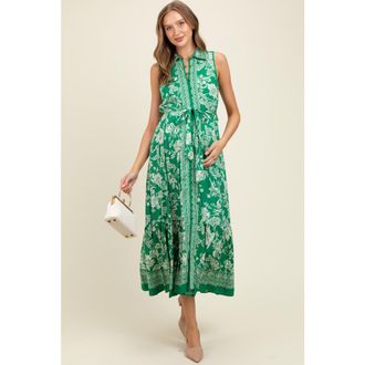 Pinkblush Floral Border Print Lapel Button Down Maxi Dress in Green at Nordstrom, Size Small
