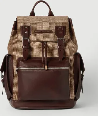 Brunello Cucinelli Burnished calfskin and chevron-effect techno fabric city backpack in Brown at Nordstrom