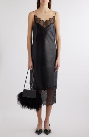 Givenchy Leather & Lace Midi Slipdress in Black at Nordstrom, Size 2 Us