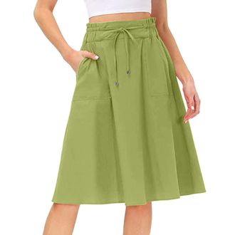 Generic Midi Skirt With Pockets | Midi Skirts For Women Uk Elasticated Waist A Line Solid Color-Ladies Skirts Elasticated Waist Cotton Beach Swing Skirts Knee