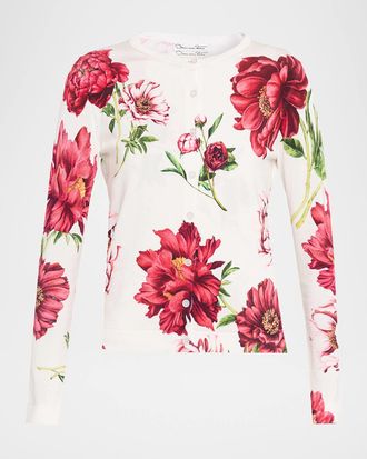Oscar De La Renta Peony Print Crewneck Twinset Cardigan