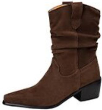 Generic Women Retro Pointed Closed Toe Suede Mid Calf Cowboy Boots Ruched Design Low Block Heels Pull Tab Slip On Comfortable Durable Fashion,Brown,7.5 UK