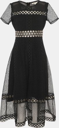 Maje Black Lace Grommet Short Sleeve Midi Dress