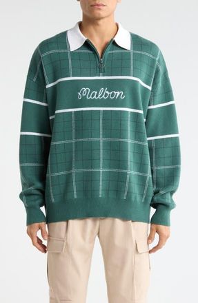 Malbon Golf Bennett Plaid Cotton Zip Polo Sweater in Hunter Green at Nordstrom, Size Xx-Large