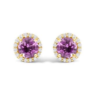 House of Brilliance 10K Gold Gemstone and 1/6 Cttw Diamond Halo Stud Earring in Yellow | Purple Amethyst at Nordstrom