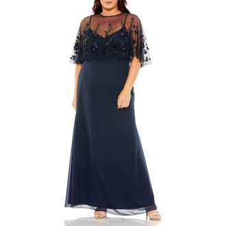 Mac Duggal Hand Embellished Cape Chiffon Gown in Midnight at Nordstrom, Size 22W