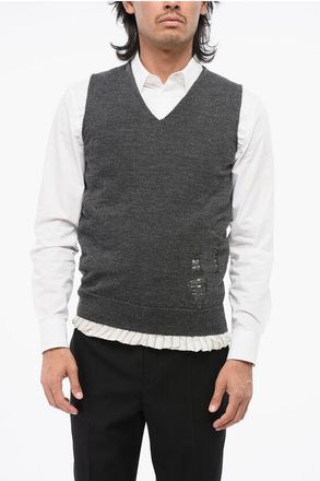 Maison Margiela MM4 Vintage Effect Wool Vest with Striped Lining size S