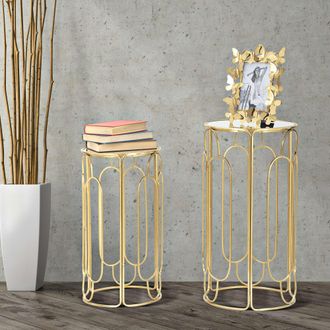 Dmora Set De 2 Mesas De Centro Kuldig, Forma Redonda, Tapa Transparente, 37x37x70h Cm, Color Oro