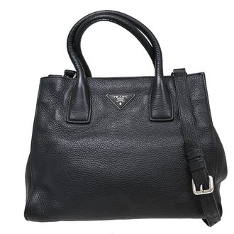 Prada Vitello Daino Convertible Tote Vitello Daino Black Leather Handbag (Pre-Owned)