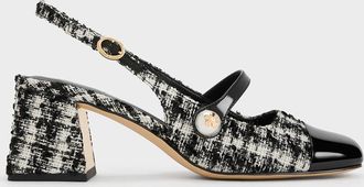 Charles & Keith Aeryn Tweed Pearl-Embellished Slingback Pumps