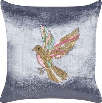 Beliani Beliani - Coj&iacute;n Almohada Decorativa De Terciopelo Bordada A Mano Con P&aacute;jaro Cuadrado 45 X 45 Cm Gris Ruellia