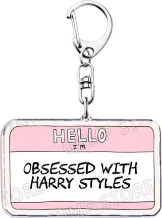 Generic Pink Name ID Badge Obsessed With Harry One 1D Direction Styles Acrylic Plastic Metal Enamel Decorative Keyring Bag Charm Key Ring Chain Keychain Perso
