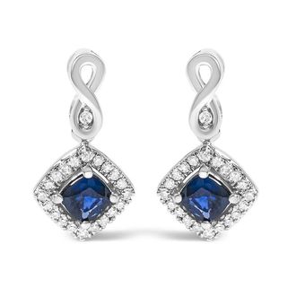 House of Brilliance 10K White Gold Blue Sapphire and Diamond Halo Cushion Shaped Drop Earrings (I-J Color, I1-I2 Clarity)