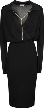 Elisabetta Franchi Long Sleeve Black Midi Dress with Gold Chain Detail