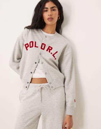 Polo Ralph Lauren Cardigan in pile grigio chiaro m&eacute;lange con logo sul davanti