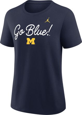 Nike Jordan Womens Michigan Script Mantra Logo Jordan Brand College T-Shirt in Blue | 01K941SMWN-35F