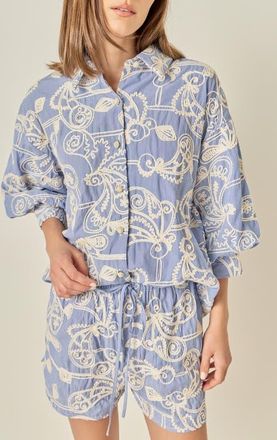 English Factory Embroidered Volume Sleeve Shirt in Blue/cream at Nordstrom, Size X-Small