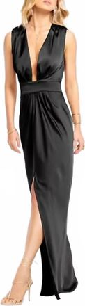 Ramy Brook Quinn Pleated V-Neck Satin Gown In Black