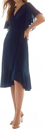 Joseph Ribkoff V-Neck Flutter Sleeve Faux Wrap Midi Dress In Midnight Blue