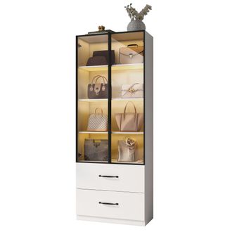 STILVORA Vitrina Con 2 Puertas De Vidrio Templado Y 2 Cajones, Led Multicolor, Marco De Aluminio, En Tablero De Part&iacute;culas, Blanco, 60&times;40&times;160 Cm
