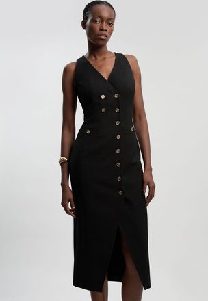 Karen Millen Womens Textured Compact Stretch V Neck Button Detail Midi Dress - Black - Size 12 UK