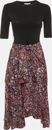 Maje Black Floral Print Jersey And Crepe Flared Midi Dress