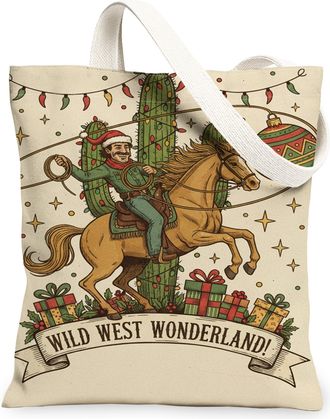 Generic Wild West Wonderland Canvas Tote Bags, Festive Holiday Design Reusable Shopping Bags, Lightweight Washable Shoulder Strap C, Beige, 13x15 Inch
