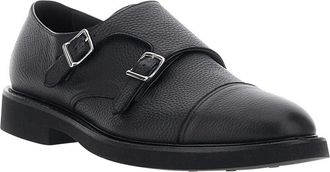 Doucal's Mens Double Buckle Leather Loafers Black Calf