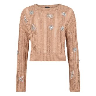 Pinko Round-neck Knitwear, female, Pink, Size: XS Openwork Sweater with Jewel Details