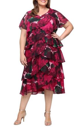 S.L. Fashions Floral Print Ruffled Chiffon Midi Dress in Pink Multi at Nordstrom, Size 22W