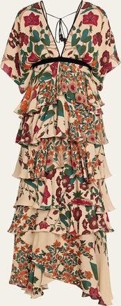 Johanna Ortiz Ancestral Light Tiered Ruffle Short-Sleeve Maxi Dress