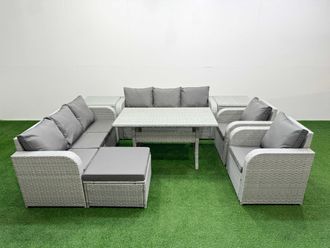 Fimous PE Rattan High Back Lounge Sofa Set Patio Rectangular Dining Table & Chairs Set w/ 3 Seater Sofa Reclining Chair Big Footstool 2 Side Table