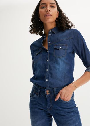 Bonprix Jeansbluse BONPRIX, Damen, Gr. 40, blau, Denim/Jeans, Obermaterial: 100% Baumwolle, unifarben, schmal normal, Manschette, Blusen Jeansbluse, schmale P