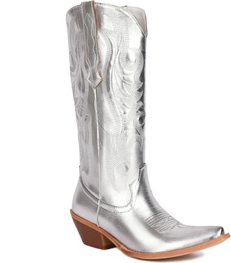 Generic Womens Pointed Toe Western Cowboy Boots PU Leather Mid-Calf Boots with Embroidery Stitched Block Heel Cowgirl Boot,Silver,3.5 UK