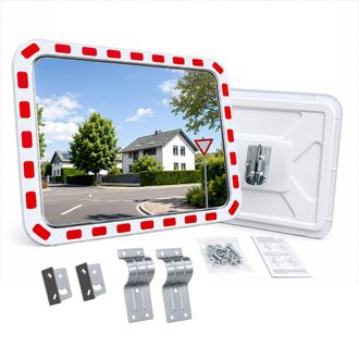 Relaxdays Espejo Vial Relaxdays 60x80 Cm, Soporte Para Poste, Borde Reflectante, Exterior, Rectangular, Blanco/rojo