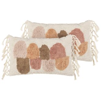 Beliani Conjunto De Cojines De Algod&oacute;n Con Borlas Estilo Boho 30 X 50 Cm Multicolor Caltha