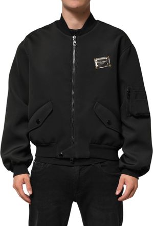 Dolce & Gabbana Black Polyester Logo Plaque Bomber Mens Jacket (Pre-Owned)