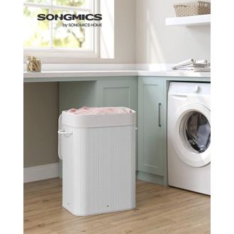 Songmics Cesto De La Ropa Sucia Con Tapa, 72 L, Cesto De Lavander&iacute;a De Bamb&uacute;, Plegable, Con Bolsa Lavable Extra&iacute;ble, Asas, Para Lavander&iacute;a, Dormitorio, Blanco