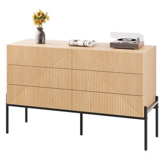 STILVORA Aparador Con 6 Cajones Y Patas De Metal, Frontal 3d Geom&eacute;trico, Estilo Moderno, En Mdf, Natural, 115,5&times;38&times;75 Cm