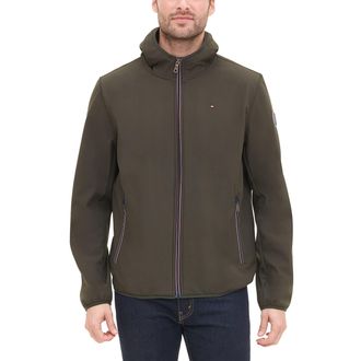 Tommy Hilfiger Mens Lightweight Water Resistant Breathable Hooded Performance Softshell Jacket, Olive, 5X