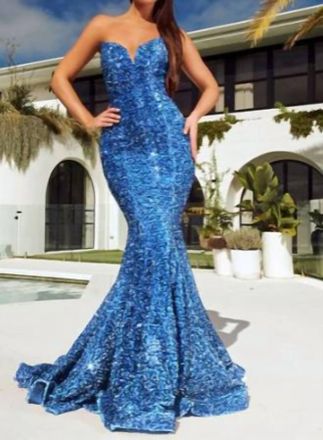 Portia & Scarlett Strapless Sequin Bead Mermaid Gown In Light Blue