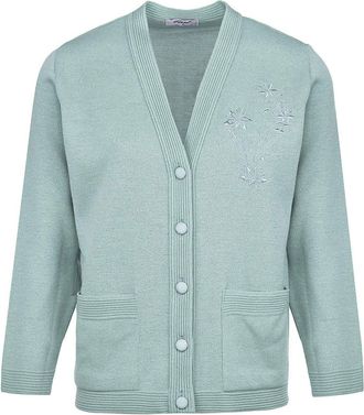 Generic New Senior Ladies Classic Cardigan Embroidery Long Sleeve Pockets Elderly Women (2XL, Green Embroidery)