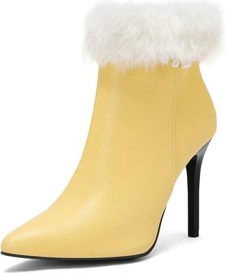 Generic Womens Winter Faux Fur Dressy Ankle Boots Pointed Toe Zipper Stiletto Heels Pumps Winter Casual Party Shoes (Yellow,8.5)